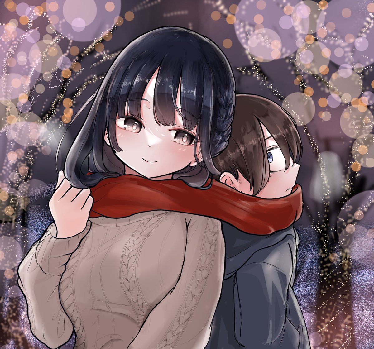yamada anna 1girl 1boy scarf black hair sweater smile shared clothes  illustration images