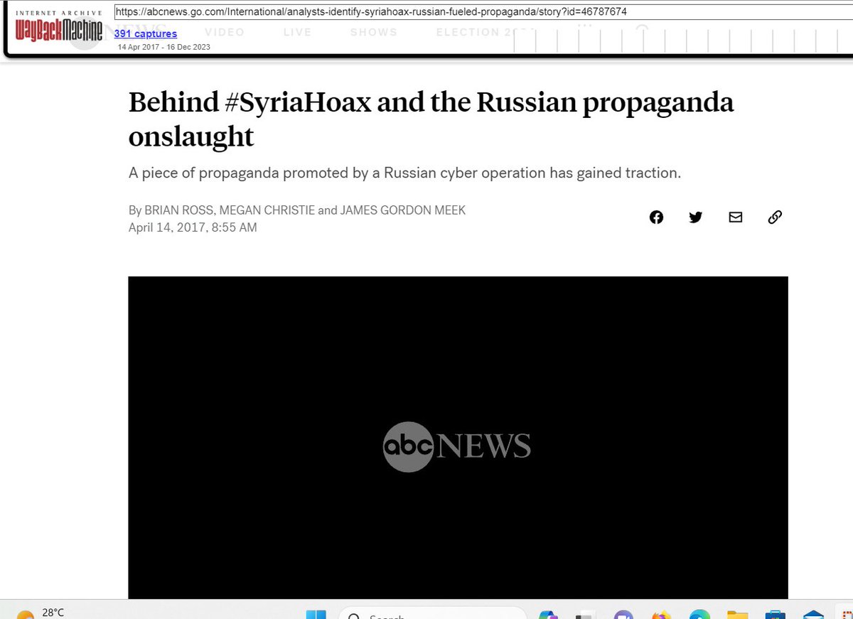 ABC News, found on The Wayback Machine.
Behind #SyriaHoax and the Russian propaganda onslaught
A piece of propaganda promoted by a Russian cyber operation has gained traction.
By BRIAN ROSS, MEGAN CHRISTIE and JAMES GORDON MEEK
April 14, 2017, 8:55 AM
web.archive.org/web/2023081421…