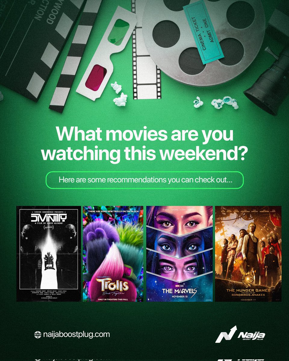 naijaboostplug_'s tweet image. 🎬 Planning my weekend movie marathon! 🍿 What&apos;s on your must-watch list? Drop your favorite movie suggestions below, and let&apos;s create the ultimate weekend watchlist together! 🎥 #MovieNight #WeekendWatchlist