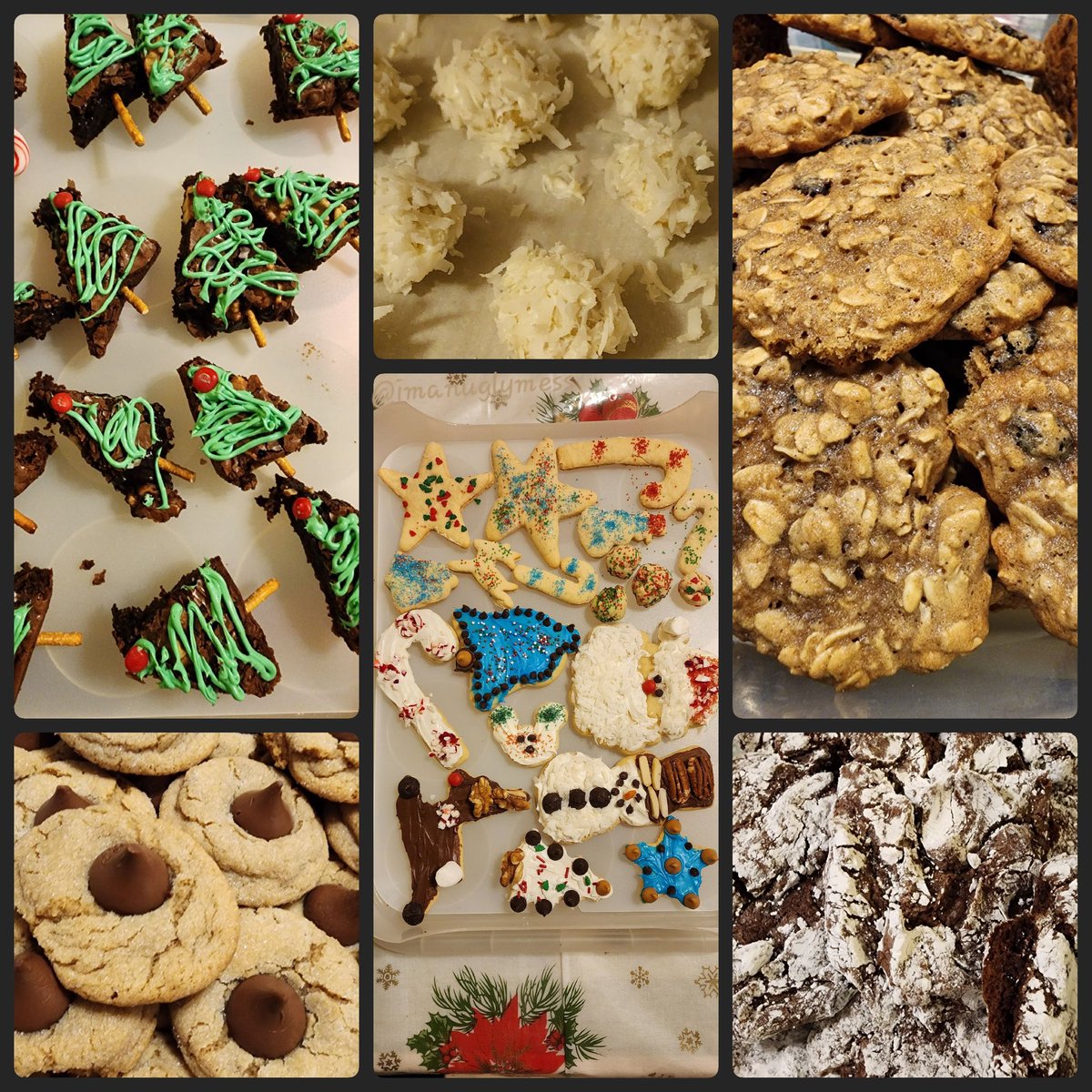 imanuglymess's tweet image. Chocolate tree brownies, coconut snowballs, oatmeal raisin cookies, peanut butter chocolate drop cookies, sugar cookies, chocolate fudge cookies, pumpkin pie, and blackberry/raspberry pie. Fudge is setting overnight and I have a few more things to do tomorrow. 😋 #bakeyourown