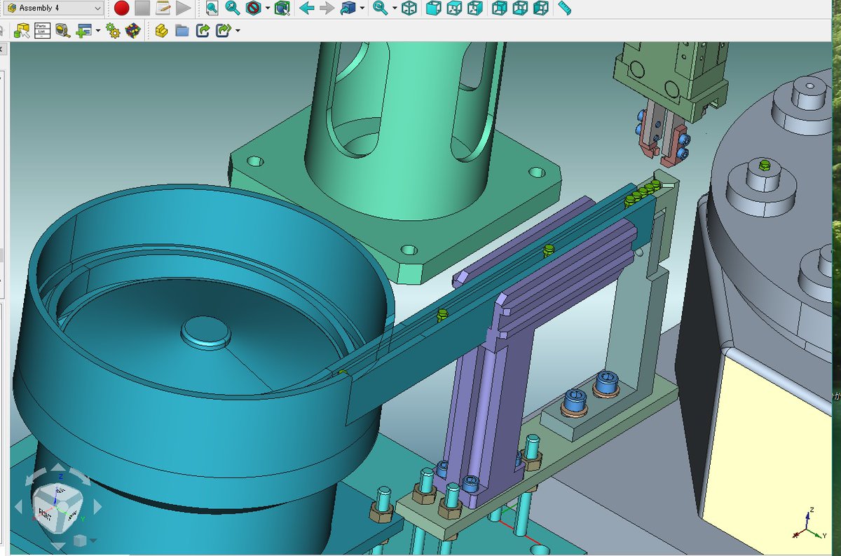 sy_paladin's tweet photo. #FreeCAD #Assembly4
空想メカ。
ローディング装置。
スカラーロボットはメーカー市販品を想定しています。
加工時間中に、パーツフィーダーより、パーツをチャックして、ターンテーブル上に配置した入口側治具に、ローディング。
そして出口側治具のパーツをアンローディングをします。 https://t.co/YtfB4erjqC