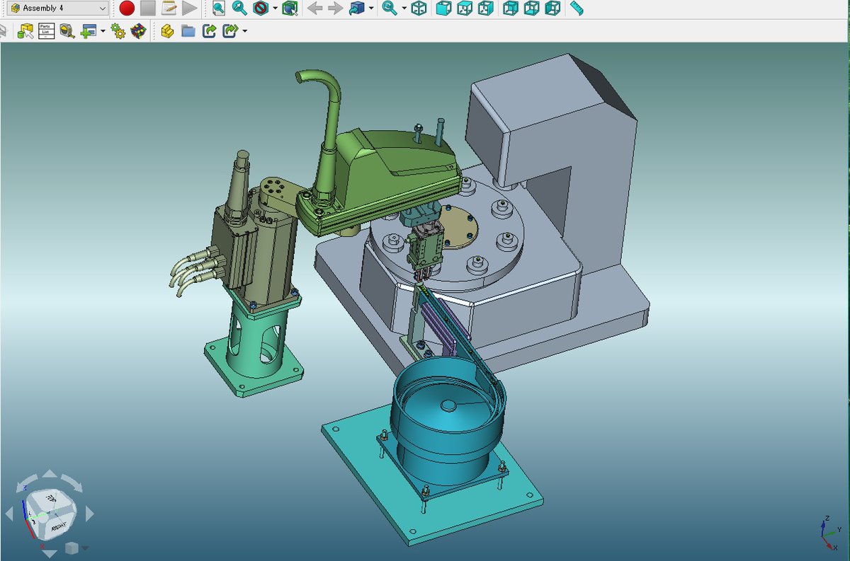 sy_paladin's tweet photo. #FreeCAD #Assembly4
空想メカ。
ローディング装置。
スカラーロボットはメーカー市販品を想定しています。
加工時間中に、パーツフィーダーより、パーツをチャックして、ターンテーブル上に配置した入口側治具に、ローディング。
そして出口側治具のパーツをアンローディングをします。 https://t.co/YtfB4erjqC