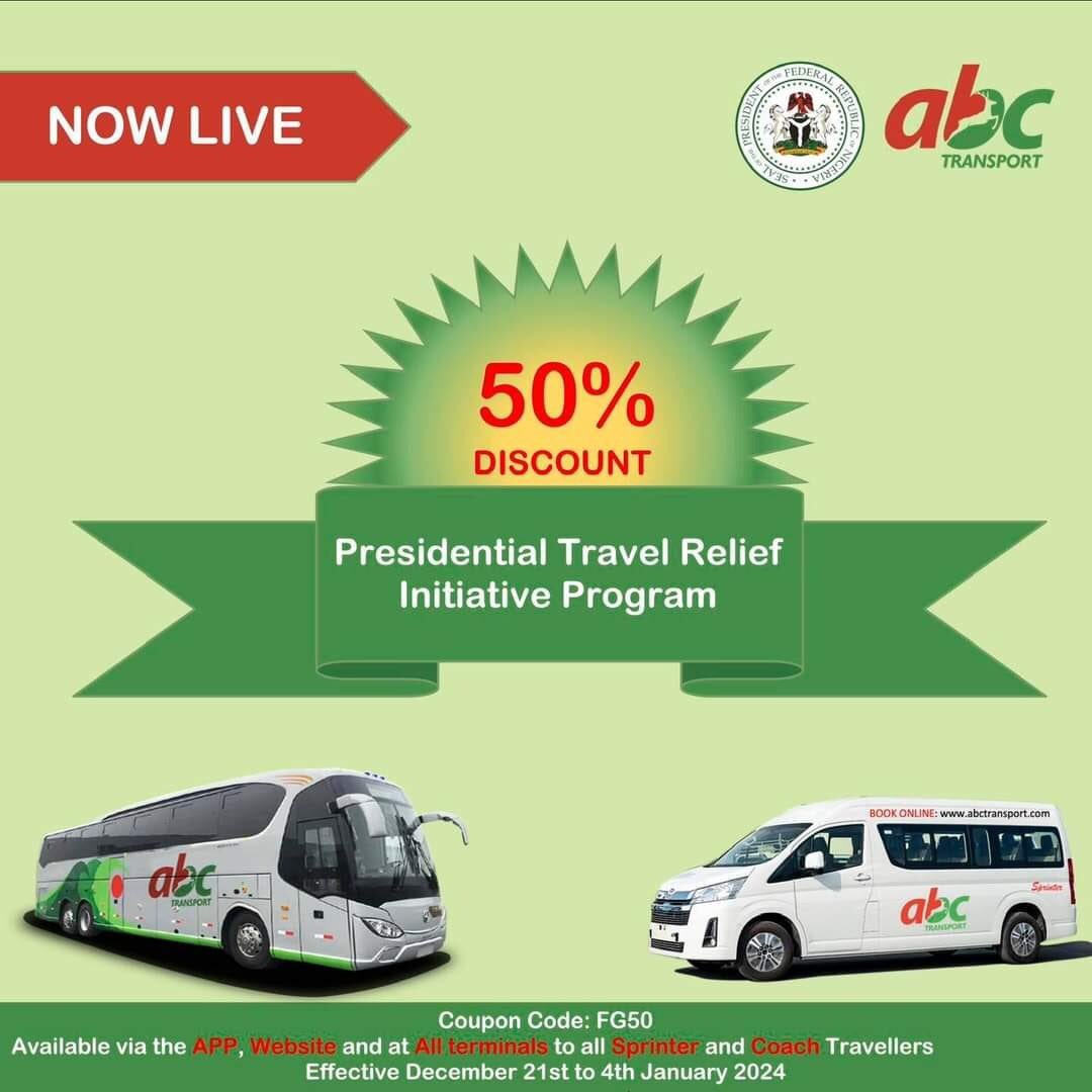 RealArije's tweet image. Another bus company added to the 50%Yuletide options

ABC Transport

In the spirit of Christmas and in line with the Federal Government’s Presidential Travel Relief Initiative,we are pleased to offer our awesome customers 50% off on their travels this season to designated routes.