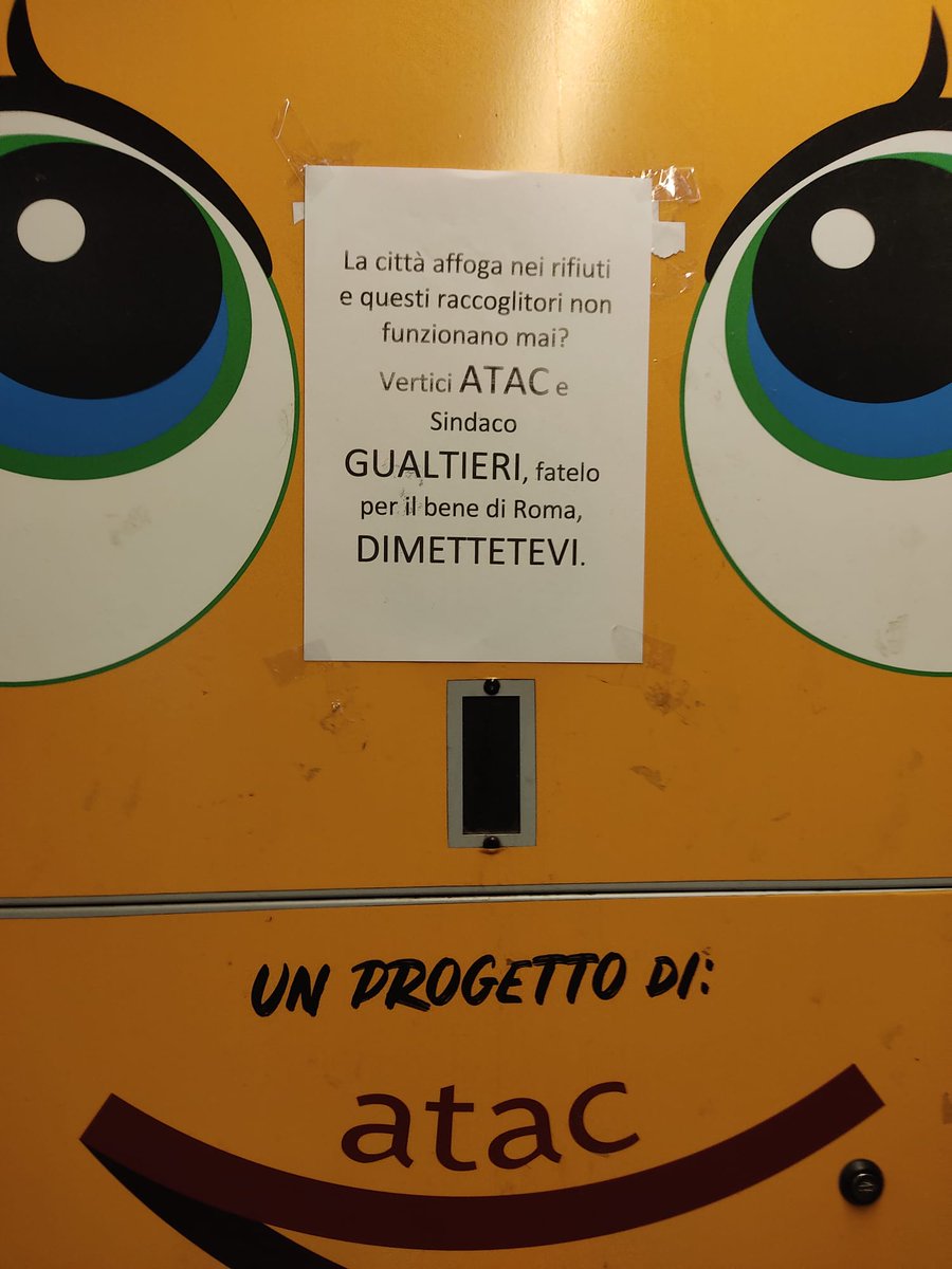 Federico Mento (@fed_mento) on Twitter photo Una buona iniziativa che purtroppo non funziona quasi mai, eppure non si tratta di mandare un razzo sulla luna, ma di compattare bottiglie di plastica. <a href="/gualtierieurope/">Roberto Gualtieri</a> <a href="/virginiaraggi/">Virginia Raggi</a> <a href="/romatoday/">Roma Today</a> Una buona iniziativa che purtroppo non funziona quasi mai, eppure non si tratta di mandare un razzo sulla luna, ma di compattare bottiglie di plastica. <a href="/gualtierieurope/">Roberto Gualtieri</a> <a href="/virginiaraggi/">Virginia Raggi</a> <a href="/romatoday/">Roma Today</a>
