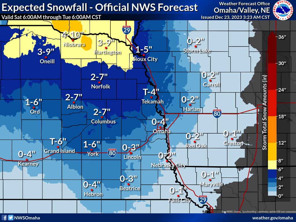 NWSOmaha's tweet photo. For you snow lovers, the snowfall forecast is trending up for Christmas Day now. Here's our current snowfall forecast, with most of this coming Monday. You can also view the most recent forecast on our webpage at https://t.co/Gxrk941oZf https://t.co/nomrnT3O13