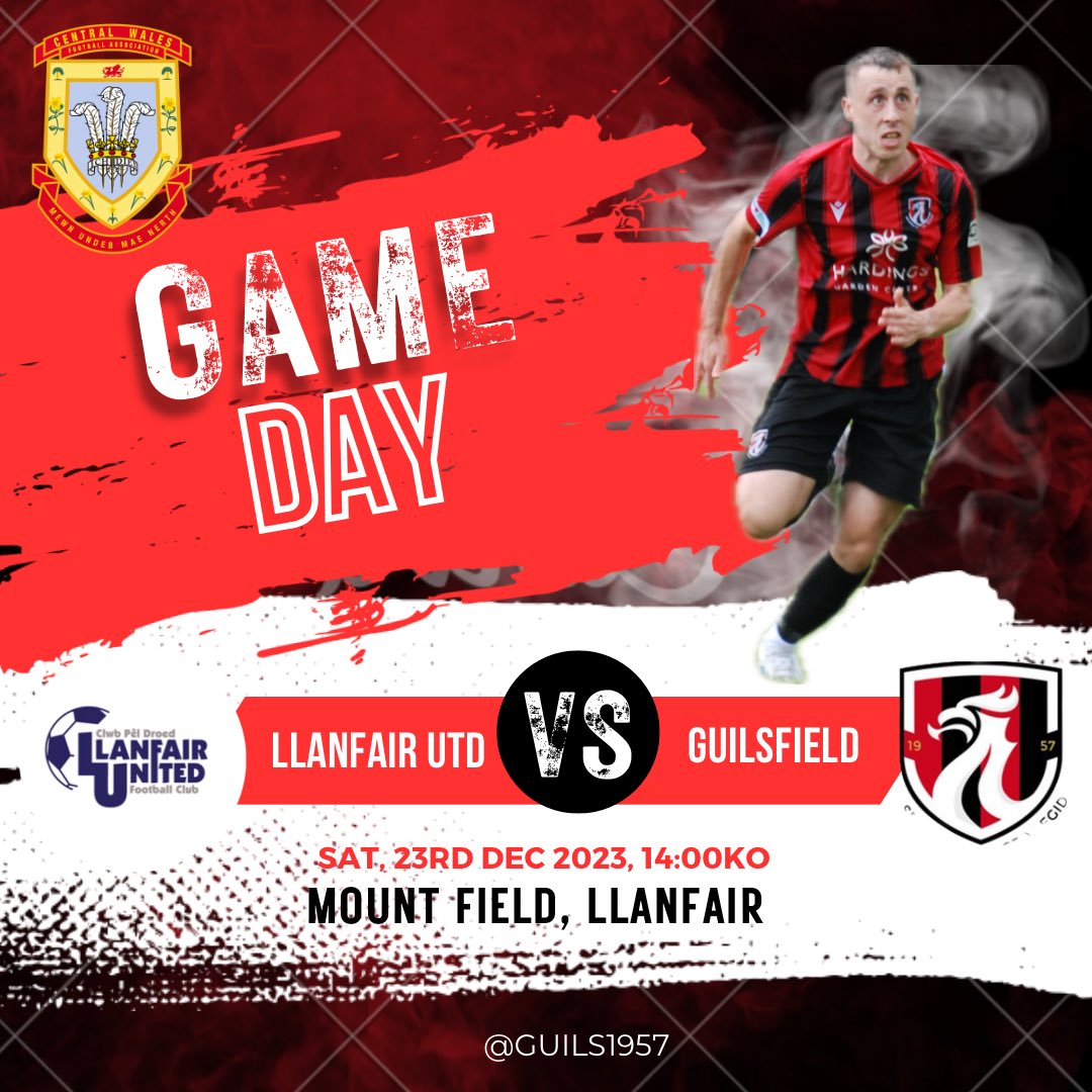 🔴⚫️GAMEDAY⚫️🔴

Cup action this weekend as we take the short trip to play @LlanfairUtdFC in the Central Wales Seniors Challenge Cup. 

🗓️23rd Dec 2023
🆚Llanfair United
🕝2:00pm KO
🌐Mount Field, Llanfair
🏆#CentralWales

#Guils