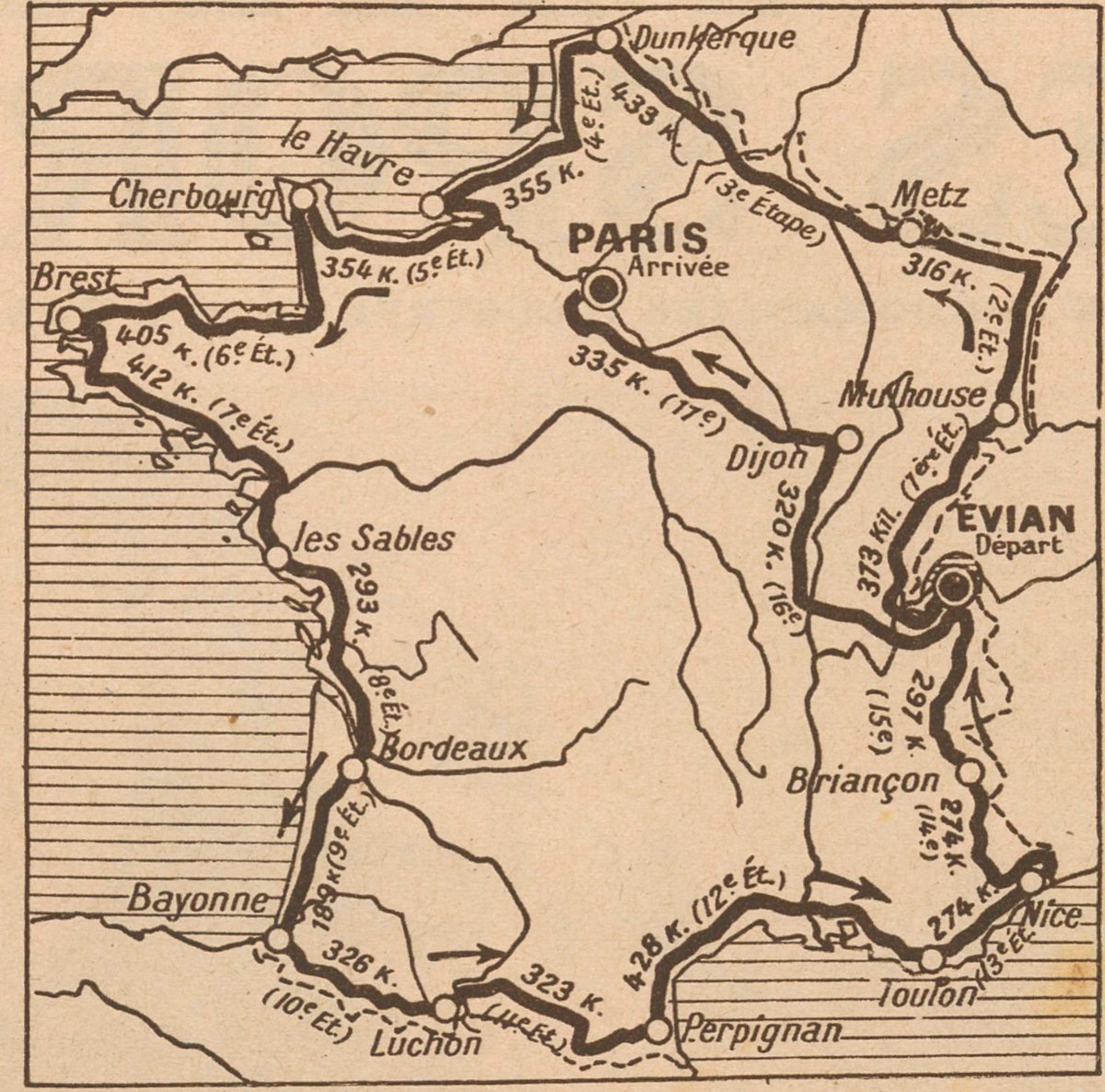 lecartographe's tweet photo. Le tracé du Tour de 🇫🇷 1926.
17 étapes de 189 à 433 km, pour un total de 5 745 km
Le Tour de France le plus long de l'histoire. https://t.co/dOYFv66U7g