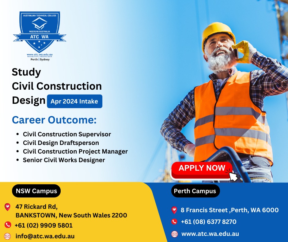 𝐀𝐝𝐦𝐢𝐬𝐬𝐢𝐨𝐧𝐬 𝐎𝐩𝐞𝐧
Enroll now and get job-ready in civil construction design!
For more details:
+61 8 6377 8270
atc.wa.edu.au
#ATCWA #CommunityServices #Perth #StudyPerth #SydneyCampus #InternationalStudents #OverseasStudent #studyinaustralia
#StudyinSydney