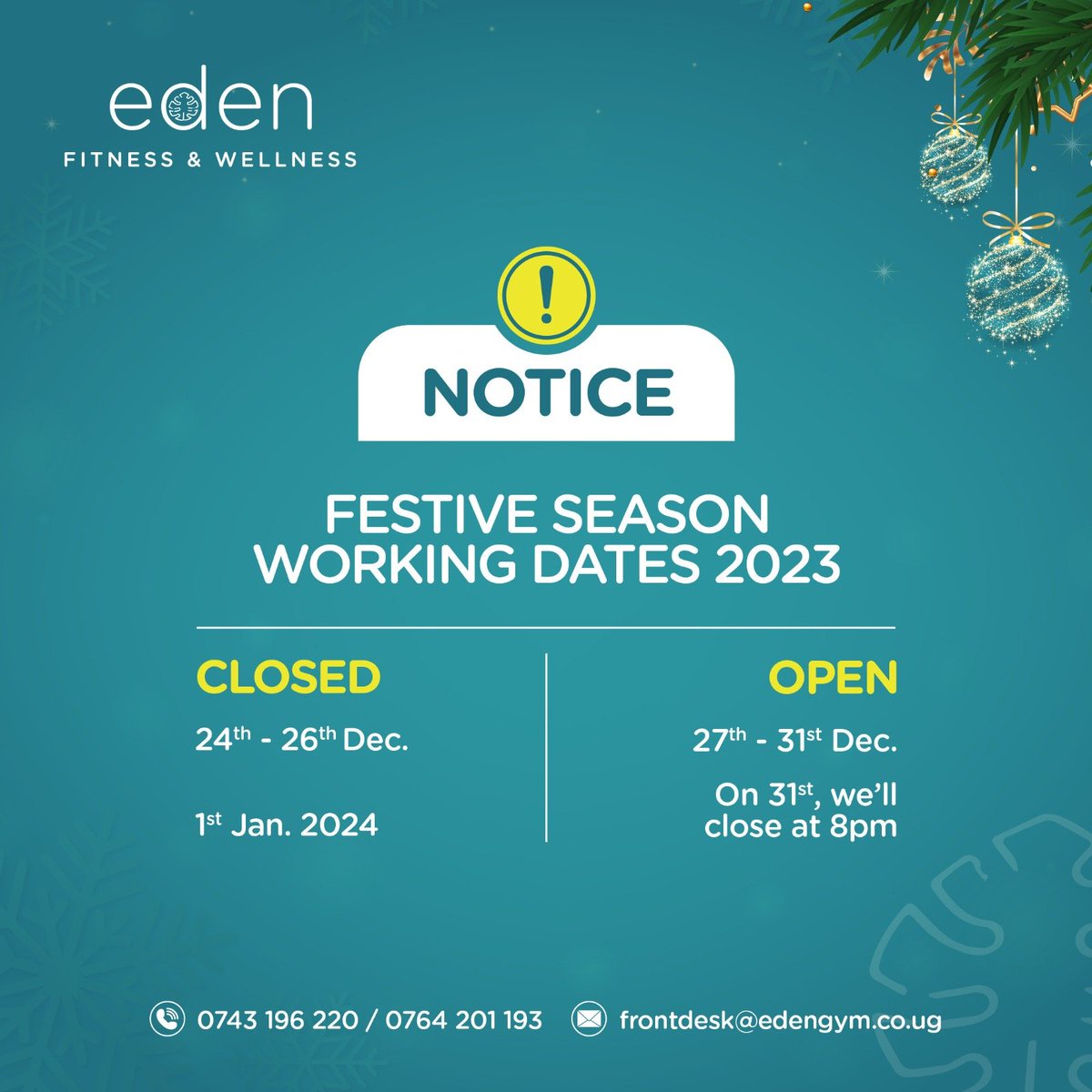 Dear valued clients, please note our festive schedule, open on select days. Wishing you a joyous holiday season filled with warmth.

Merry Christmas and happy holidays!!
#clientupdate #holidayhours #edengym #FestiveSeason #holidayfitness