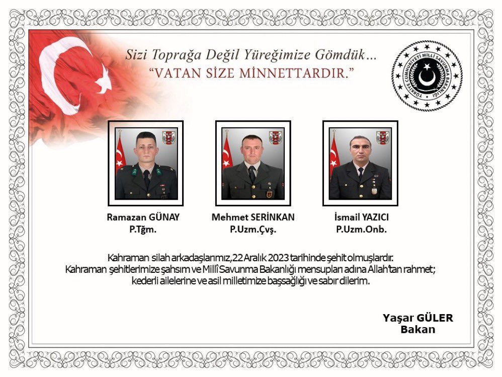 muhendisyenn's tweet photo. 6 yiğit Pençe Kilit Operasyonu'nunda şehit oldu.
Allah rahmet eylesin, yakınlarına başsağlığı diliyorum 🇹🇷 Milletimizin başı sağ olsun 🇹🇷
Vatan sağolsun 🇹🇷
🇹🇷 Tğm. Ramazan GÜNAY
🇹🇷 Uzm Çvş Mehmet SERİNKAN
🇹🇷 Uzm Onb İsmail YAZICI
🇹🇷 Söz. Er Yasin KARACA
🇹🇷 Söz. Er Çağatay ERENOĞLU
🇹🇷 Söz. Er Emre TAŞKIN