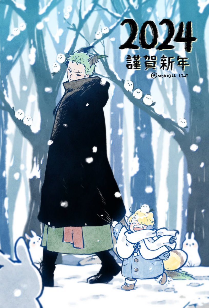 roronoa zoro ,sanji (one piece) multiple boys 2boys snow green hair male focus child blonde hair  illustration images