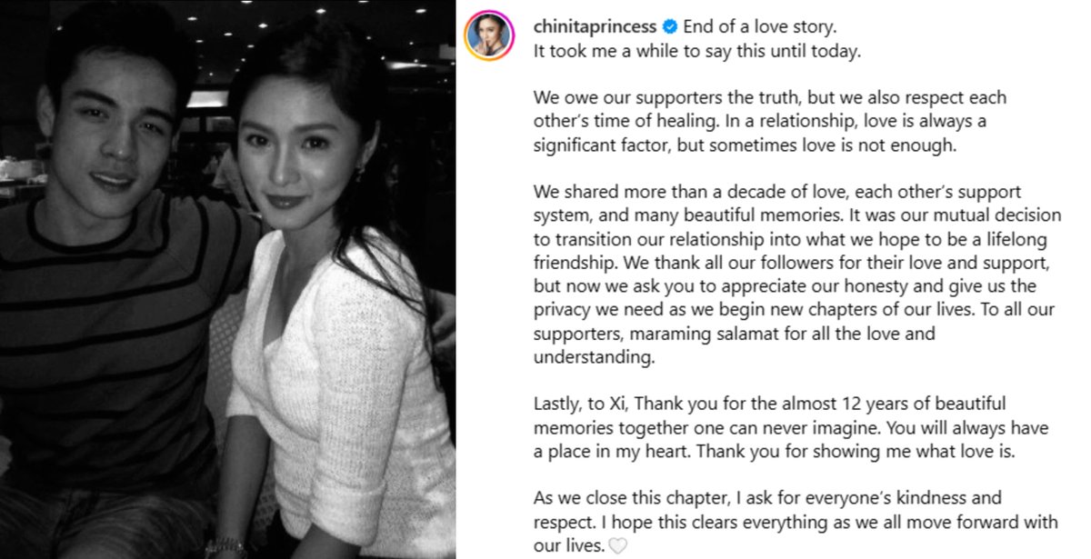 PhilstarNews's tweet photo. KIM, XIAN BREAK NA!
 
Actress Kim Chiu finally confirmed her breakup with long-time boyfriend Xian Lim on Instagram Saturday, ending weeks of rumors and speculations.
 
“We owe our supporters the truth, but we also respect each other’s time of healing. In a relationship, love is always a significant factor, but sometimes love is not enough,” Kim wrote.
 
“To Xi, Thank you for the almost 12 years of beautiful memories together one can never imagine. You will always have a place in my heart. Thank you for showing me what love is,” she added. | via John Marwin Elao
 
 Read: https://t.co/7IlKmvhNAf