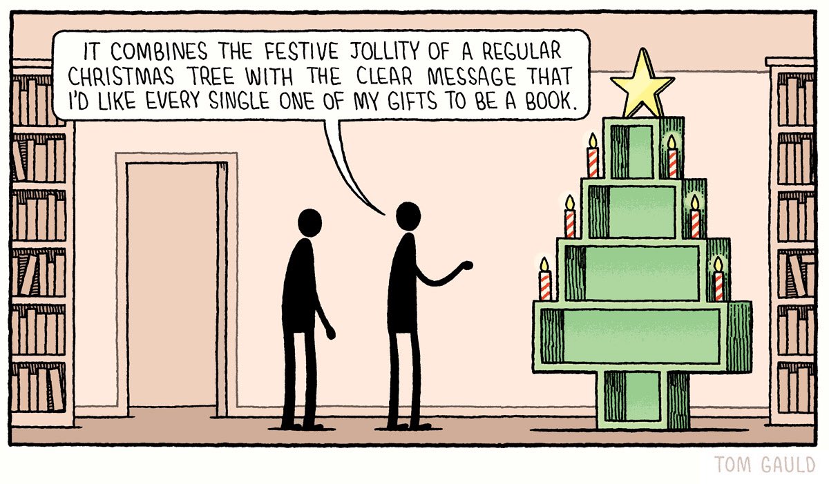 tomgauld's tweet image. A Christmas cartoon for @GuardianBooks.