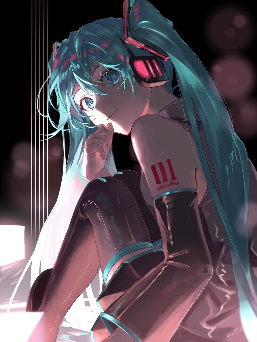 hatsune miku 1girl solo long hair detached sleeves twintails sitting very long hair  illustration images