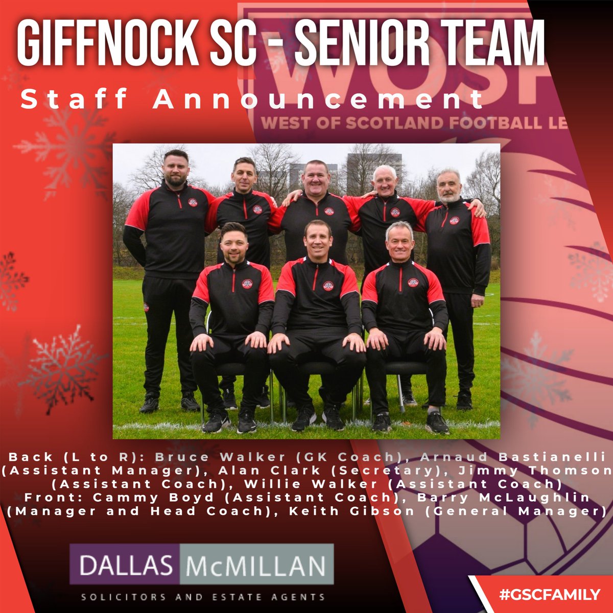 ANNOUNCEMENT
@GiffnockSCWOSFL are pleased to announce the appointment of Barry McLaughlin as Head Coach and Manager, with his team of Arnaud Bastianelli and John Monaghan to work alongside the existing Senior team staff.  Barry and his team step on board from 1 Jan 2024.