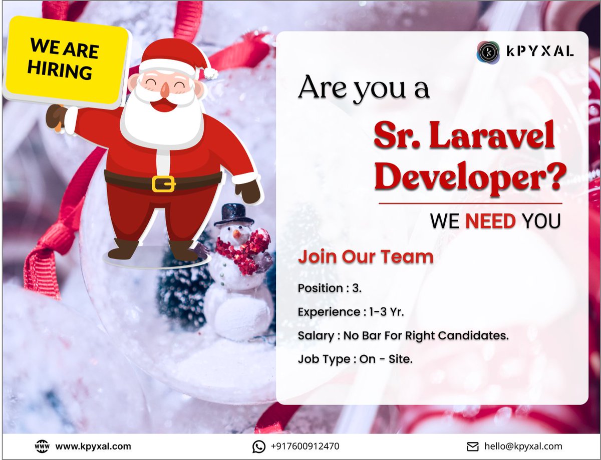 #linkedinconnections @KpyxalSolutionsLLP is #hiring for #laraveldevelopers to join their PYXMINDS
#laraveldeveloper #laraveljobs #laraveldeveloper #laravel #laravelframework  #laraveldevelopment #gandhinagarjobs #ahmedabad #ahmedabadjobs #itcompany #kpyxal #kpyxalsolutionsll
