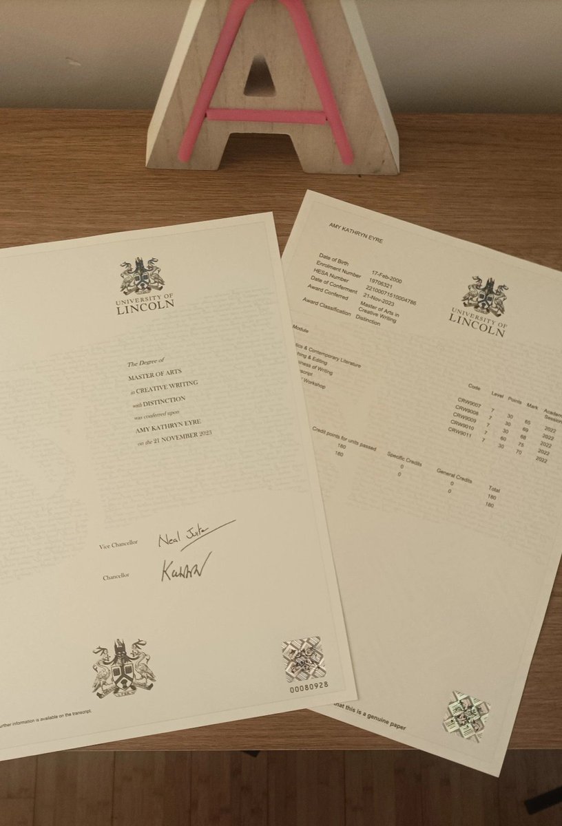 My Certificate has arrived! 

A Master of Arts! 

Still can't believe my Masters has finished! It was a blast.  ❤️

<a href="/UofLWriting/">UofL Creative Writing</a> 
<a href="/UoLCreativeArts/">Lincoln School of Creative Arts</a>