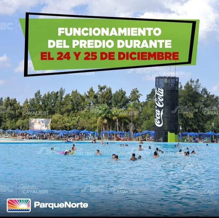 ‼️FUNCIONAMIENTO DURANTE EL FIN DE SEMANA DE NAVIDAD🎄
👉🏼 
🗓️Domingo 24/12 - Boletería hasta las 14 hs - Pileta hasta las 16 hs - Parque y espacios verdes hasta las 17 hs. 
🗓️Lunes 25/12 - CERRADO.
✅Más info en beneficios.sec.org.ar/ParqueNorte. 
#SoyComercio #SoySEC