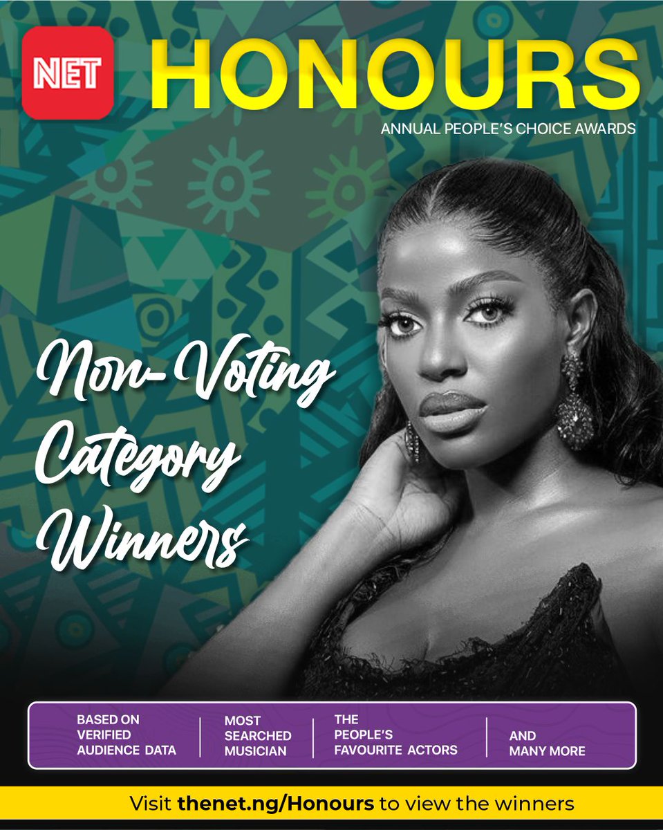 theNETng's tweet photo. Drum roll, please! π₯
Here are the non-voting category winners, chosen based on verified data across our platforms (@Netng, @234star_, and @Neusroom) from Nov 2022 to Nov 2023.
Visit https://t.co/ncJGZMIS4C to view the full list of winners.
A threadππ½
#NETHonours2023 https://t.co/xxhC8MLexy