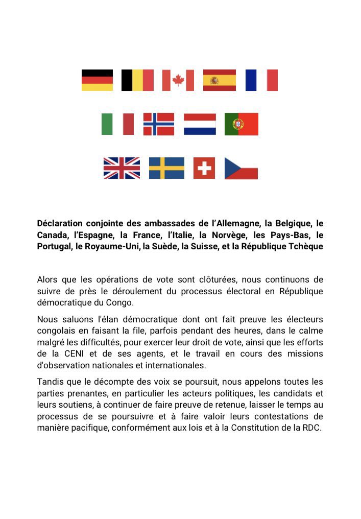 #RDC #Elections : une dizaine de chancelleries appelle tous les candidats à la retenue et à « laisser le temps au processus de se poursuivre et à faire valoir leurs contestations de manière pacifique »