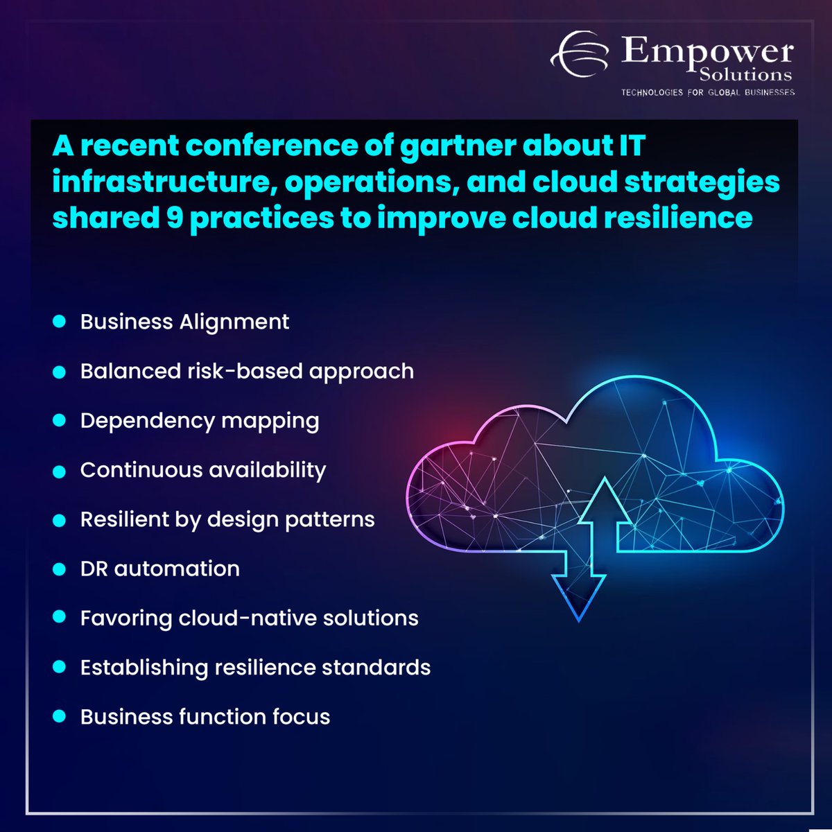 Gartner's 9 Key Practices Revealed at IT Infrastructure Conference 🚀 Explore strategies such as business alignment, balanced risk, and cloud-native solutions to fortify your IT infrastructure.
#TechNews #CloudResilience #GartnerInsights #EmpowerSolutions #ITPartner #TechIndustry