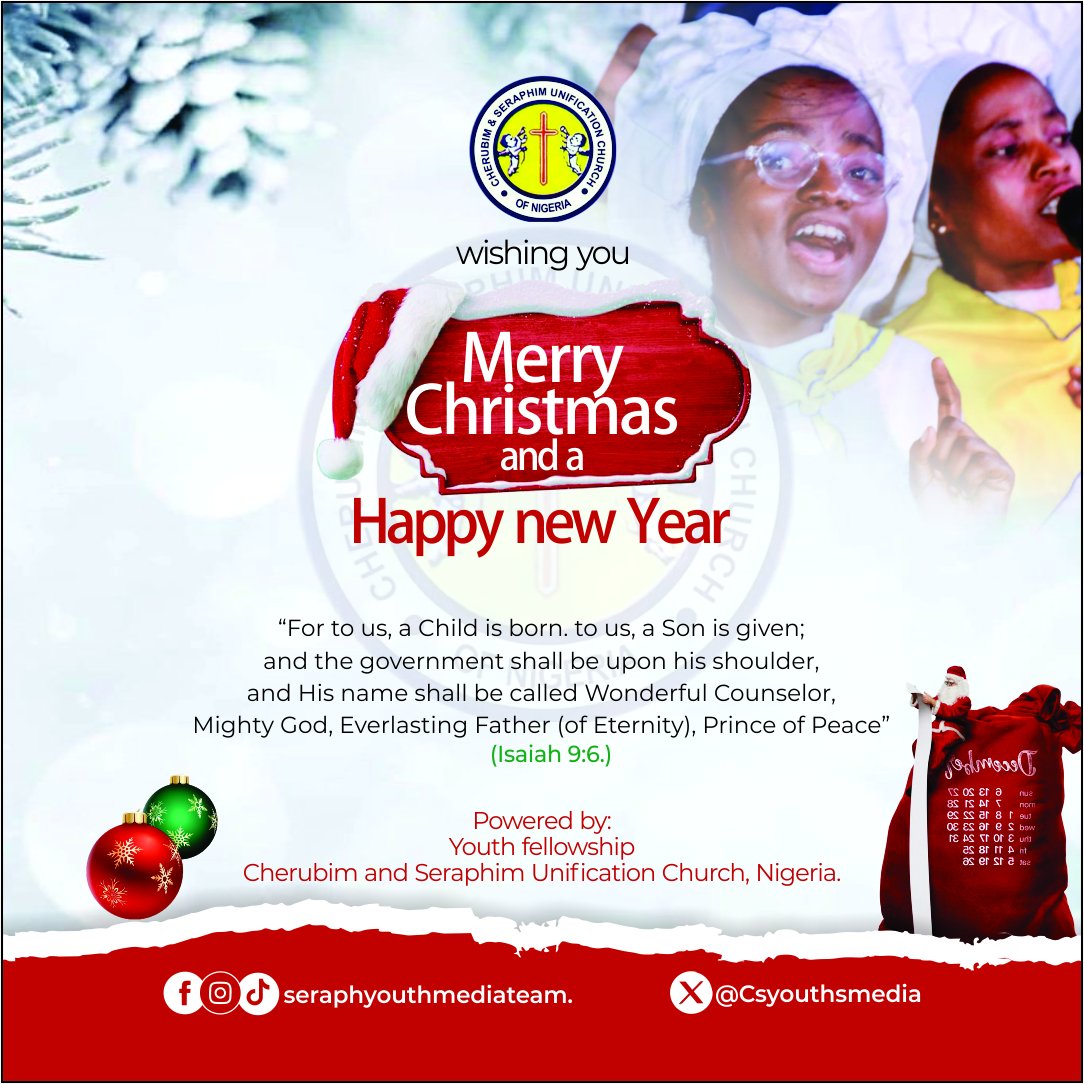 CSyouthsMedia's tweet photo. SEASON GREETINGS FROM US TO YOU DEAR SERAPH YOUTHS!!! 

We wish you Merry Christmas and A Happy New Year Ahead!!!

✍️: National Youth Fellowship, Cherubim and Seraphim Unification Church, Nigeria.
#seraphyouthmediateam
#cherubimandseraphim #Christmas https://t.co/3x6QvpOVIh