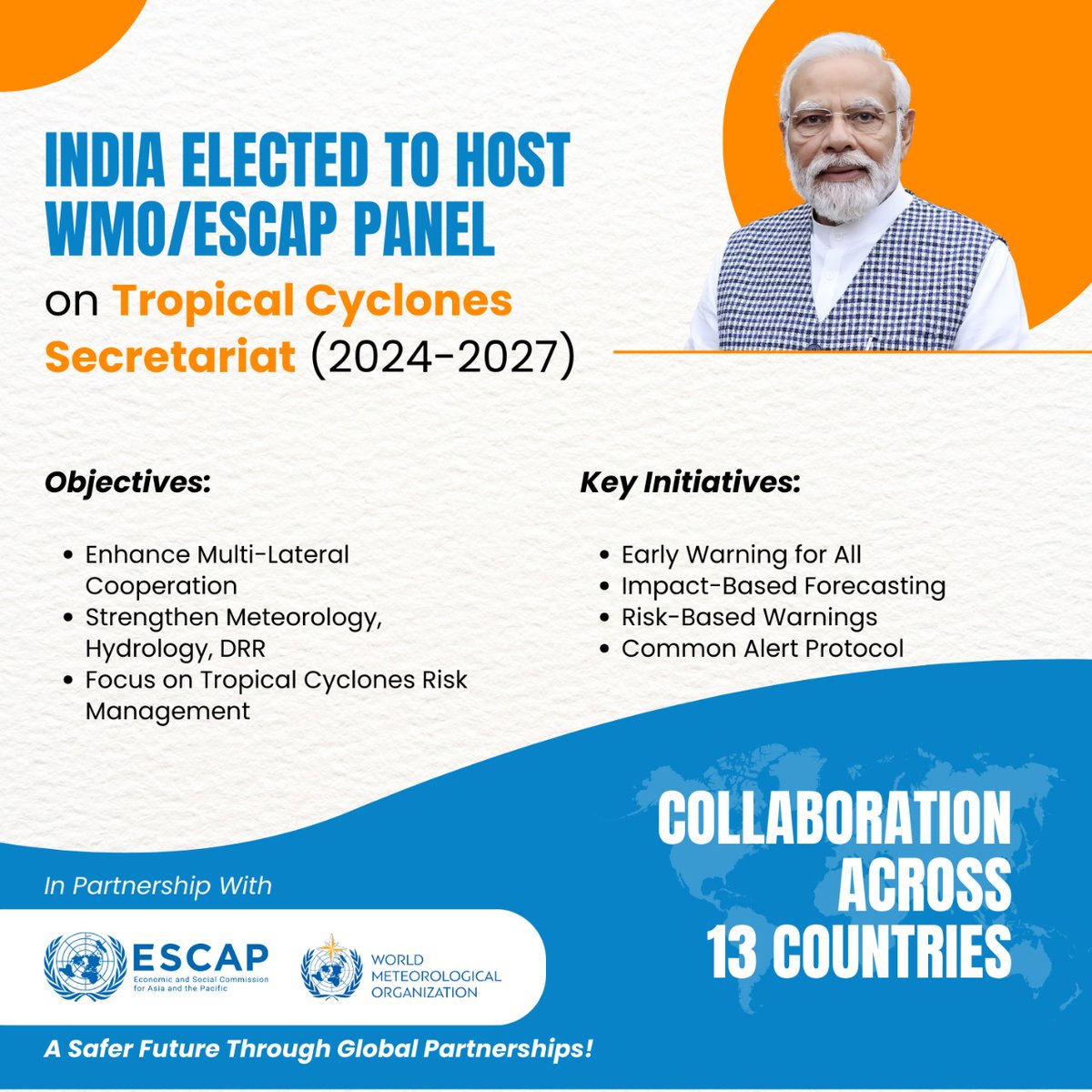 Delighted to announce that @Indiametdept will host the WMO ESCAP Panel on Tropical Cyclones Secretariat 2024-27. Congratulations to my incredible team at #IMD, @moesgoi for leading efforts in meteorology, hydrology, DRR & more across 13 member countries. @narendramodi