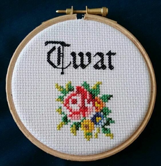womensart1's tweet photo. Apparently actress Dame Judi Dench has enjoyed creating sweary embroidery over the years, created in gaps in filming and given as gifts (....this sort of thing...) #WomensArt https://t.co/nm7hGMjhBB