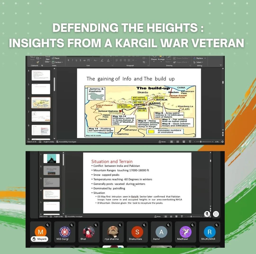 NssGargi's tweet photo. On The occasion of Kargil Vijay Diwas, NSS Gargi organized a heartening webinar "Defending the Heights: Insights from a Kargil War veteran" in the presence of our esteemed speaker Dr. Col. Mohinder Pal Singh. It ended with our hearts filled with inspiration.
@NssrdD @YASMinistry https://t.co/E3cT58MG0k