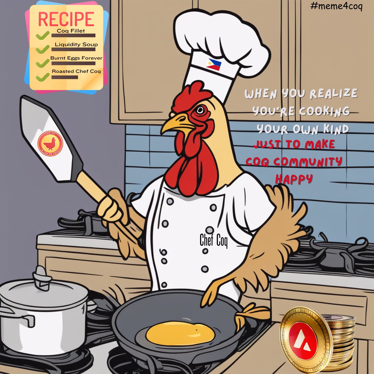 jayjaybas3's tweet photo. @ChiknBokcast @CoqInuAvax Our Original Master meme piece
(Entry from the Philippines) 
@ChiknBokcast 
@CoqInuAvax 
#meme4coq
Roasting Has never been the same before.. We burnt eggs of Coq 😁 https://t.co/QmTxASDnJs