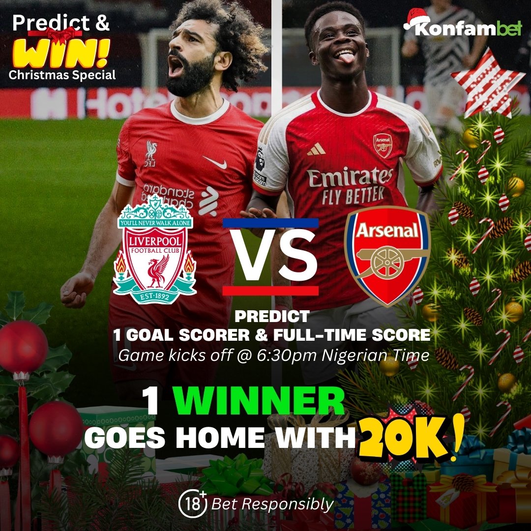 konfambet's tweet photo. 🚀 Predict &amp; Win!
🔮 Liverpool vs. Arsenal showdown! Predict the goal scorer &amp; final score to WIN 20k! 💰
📌 How to enter:
1️⃣ Comment your prediction
2️⃣ Follow us &amp; tag 2 friends
🕒 Hurry! Predict before kickoff. May the best predictor WIN! 🤞 #PredictAndWin #LIVvsARS #Football https://t.co/bjBgMXGaxl