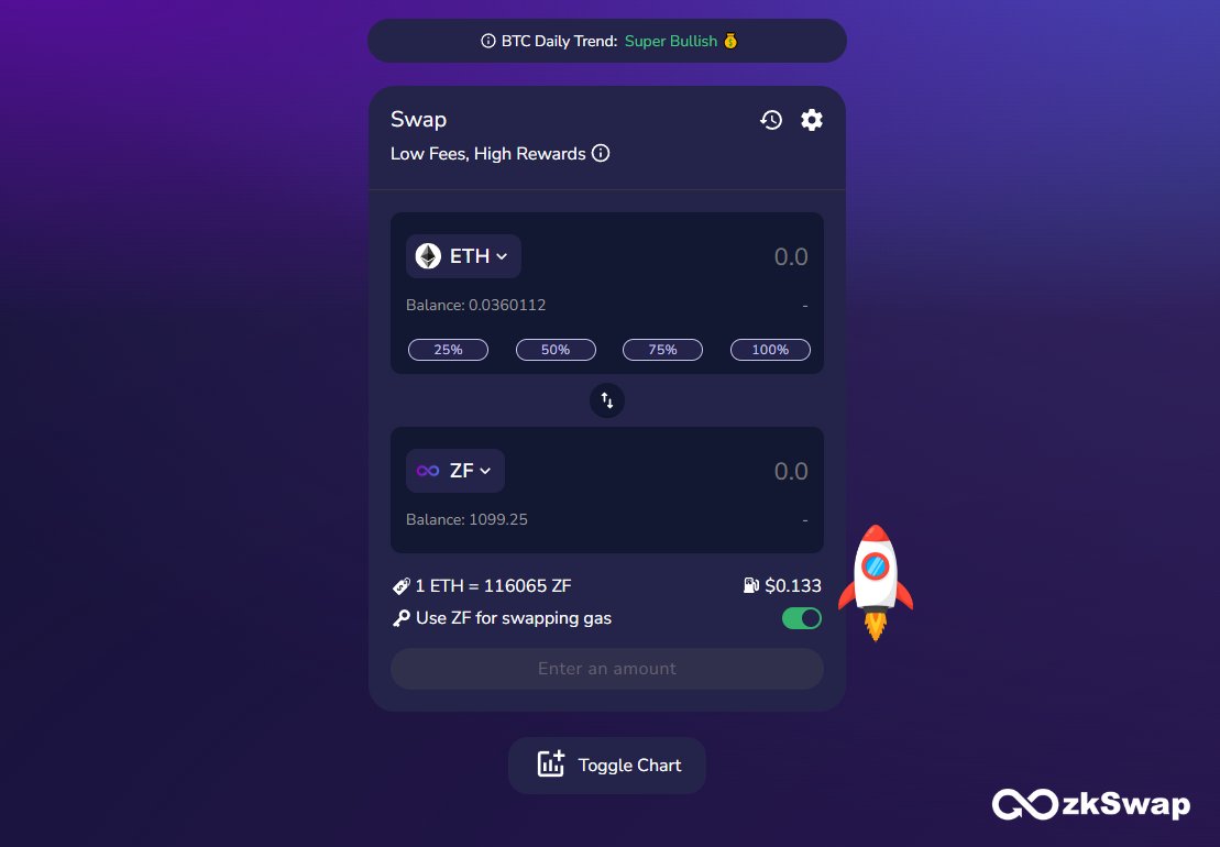 🍻 Paymaster, an Account Abstraction (AA) feature, is #LIVE at ZF!

🔥 Users can now use $ZF to pay swapping gas fees instead of $ETH on our Dex on <a href="/zksync/">ZKsync</a>, 1 more utility for $ZF.

👉 Simply toggle the switch on the swap UI at: zkswap.finance/swap
