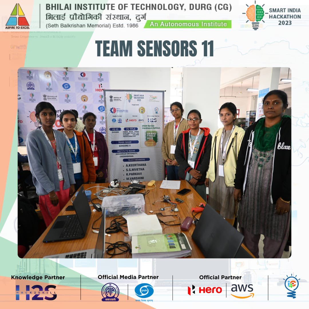 Bitdurgofficial's tweet photo. Team name: Sensors 11
PS ID: SIH1469
PS TITLE: Sensor Based Human Detection System for building collapse rescue operation
College: Annamalai University, Chidambaram
#SIH2023 #SmartIndiaHackathon2023
#bitdurg #PM_ModiAtSIH #InnovationSeAtmanirbharBharat #JaiAnusandhan #SIHBITD2023 https://t.co/GXUf4ErT2d