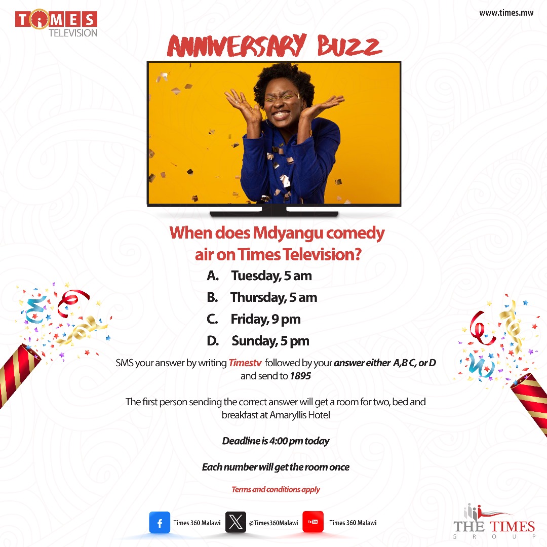 Times360Malawi's tweet photo. Kodi pologalamu ya #Mdyangu imauluka liti pa #TimesTV?
Let's celebrate with #TimesTV💃💃🕺You will earn yourself one night accommodation at Amaryllis Hotel if you are the first to answer the question correctly. Simply send your answer A,B,C or D to 1895.
It's about time! https://t.co/xfae37Zbhg
