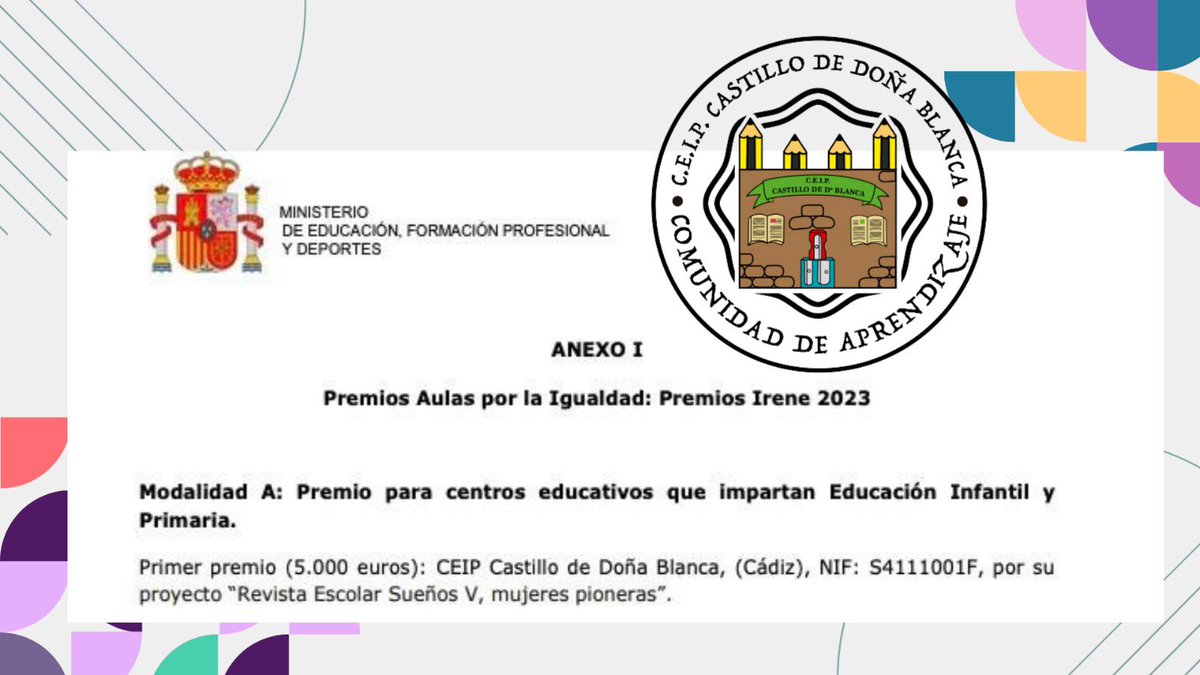 CEIP_ElCastillo's tweet photo. Felices de compartir con la comunidad educativa nuestro primer premio en la convocatoria PREMIOS IRENE 2023 . Nuestro proyecto sigue vivo 💜 #comunidadesdeaprendizaje #pactodeestadocontralaviolenciadegenero #IgualdadDeGénero @IAMJunta @EducaAnd @CEPdeCadiz https://t.co/MZDAAXDBQ7