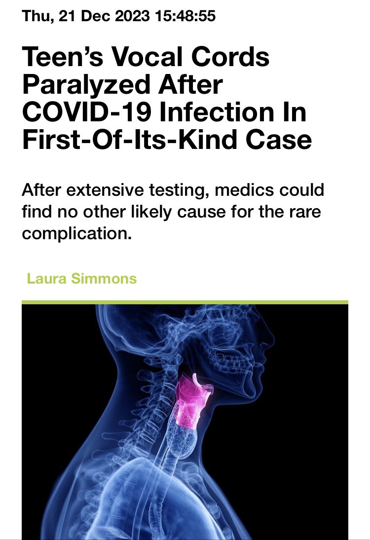 A 15-year-old girl experienced vocal cord paralysis after a bout of COVID-19, according to a new case report. It’s the first time this particular complication of the disease has been reported in an adolescent. iflscience.com/teens-vocal-co… #LongCovidKids #SALT #LongCovid #VocalCords