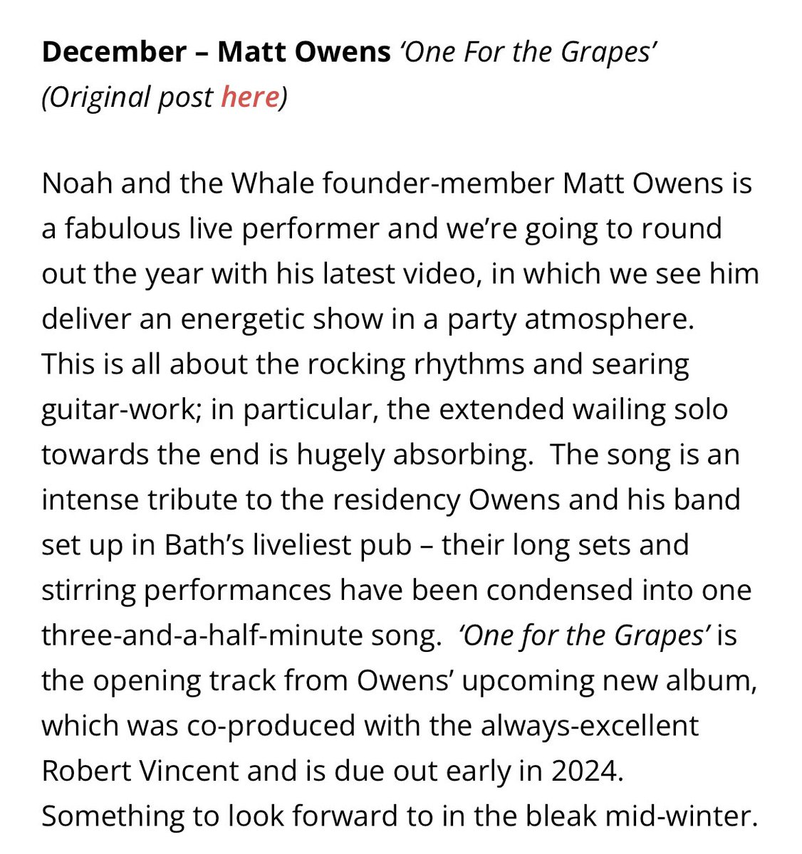 mattowens_music's tweet photo. Woohoo!!! 🎉🎉🎉🎉 we made the Best Videos of 2023 with @americanaUK ! Congrats &amp; thanks to @zeyusmedia &amp; @thegrapesbath ! More press for #Bath. @VisitBath @VisitBath @bathbid @4BarsToTheBeat @TheBathLandlady @RobVincentMusic @malibupeople @KomediaBath https://t.co/TqjIKNA11s