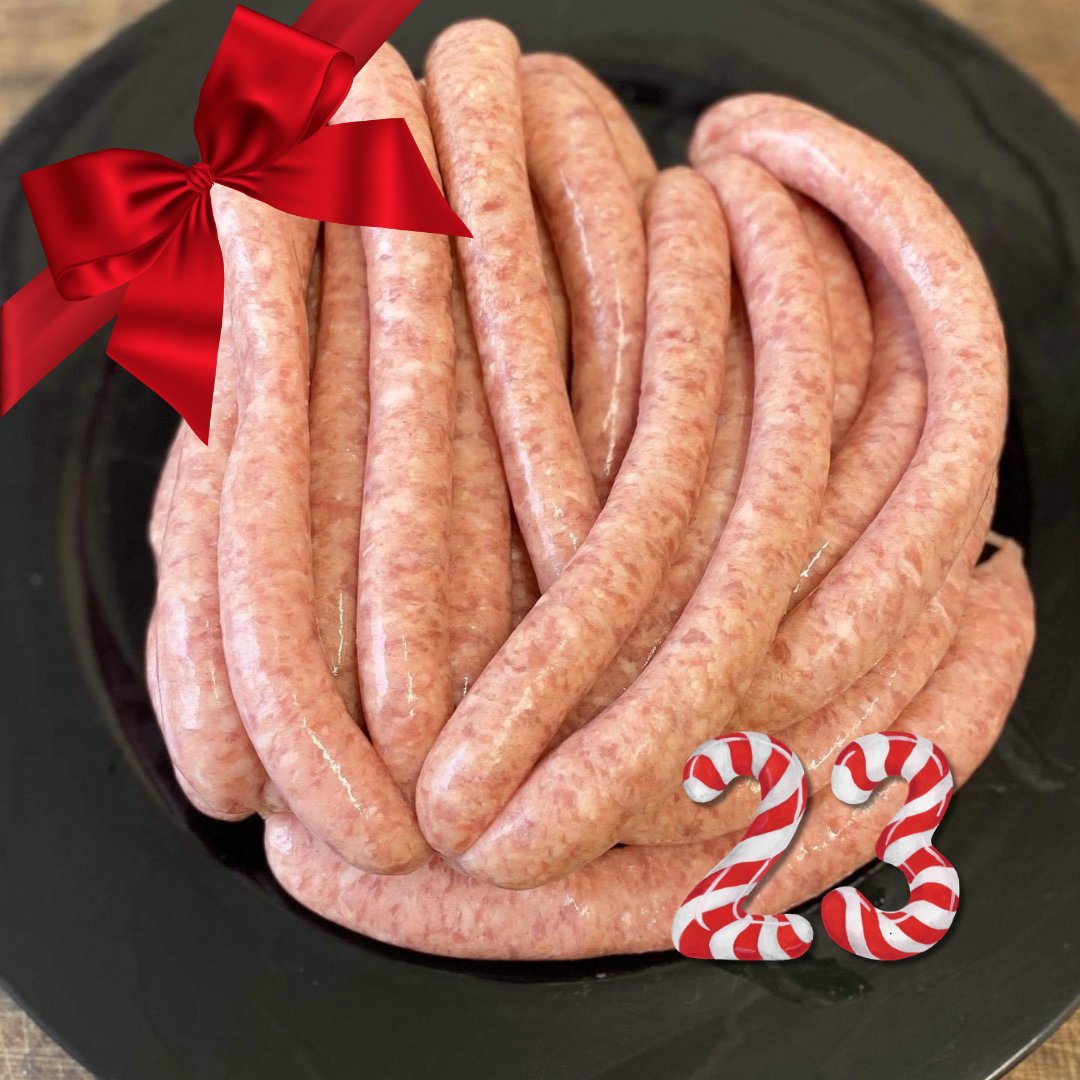 🗓 Day 23 of our very special advent calendar 🎄 🥁 PRIME PORK CHIPOLATAS for those essential #pigsinblanket. Call Dewi or Ben on 01558 822566. #adventcalendar #christmasdinner #pork #porcblasus #sausages #chipolatas #porc