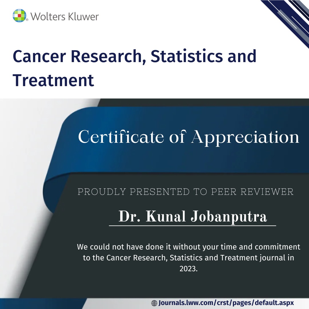 We express gratitude to our reviewers for their time and commitment to the peer review process of the CRST journal in the year 2023. Thank you Dr. Kunal Jobanputra. @KNJobanputra