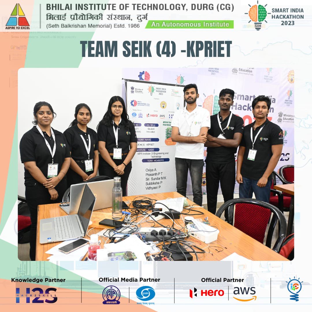Bitdurgofficial's tweet photo. Team name: SEIK 4 - KPRIET
PS ID: SIH1471
PS TITLE: Student Innovation
College: KPR Institute of Techonolgy
#SIH2023 #SmartIndiaHackathon2023
#bitdurg #PM_ModiAtSIH #InnovationSeAtmanirbharBharat #JaiAnusandhan #sih2023 #SIHBITD2023 https://t.co/Q9LEHmcSp0