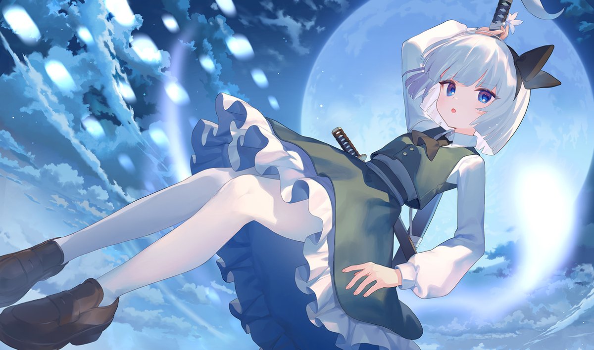 konpaku youmu ,konpaku youmu (ghost) 1girl solo weapon green skirt blue eyes long sleeves short hair  illustration images