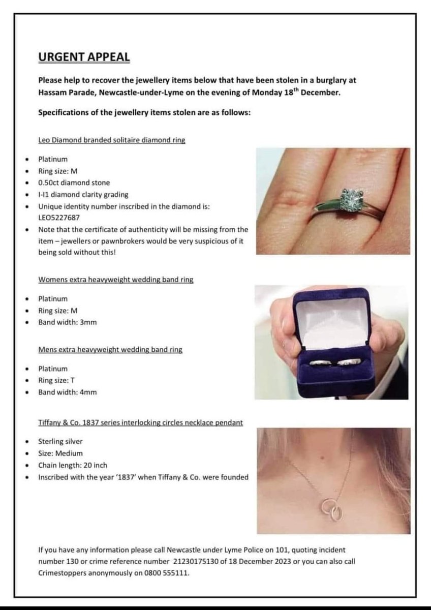 StaffsSupt's tweet photo. These rings have been stolen from a house burglary in Wolstanton. They belong to a lady who sadly died a few weeks ago of cancer, and her husband is desperate to have them returned.

If you have any information or come across this jewellery, then please let us know. https://t.co/BMvXI19x9A