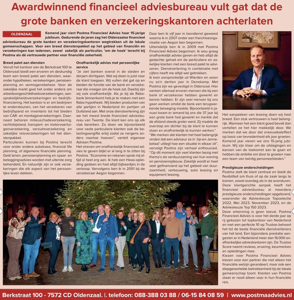 PostmaAdvies's tweet photo. Bij Postma Financieel Advies BV  in Oldenzaal vullen we het gat op dat de grote banken en verzekeraars achterlaten. 

Lees hieronder het artikel 👇🏼

#postmaadvies #financieeladvies #hypotheekadvies #verzekeringen #zakelijkefinancieringen https://t.co/st6GRTufQX