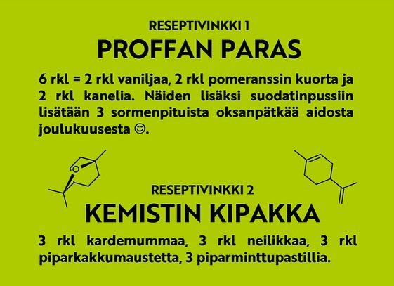 jiipeesalminen's tweet photo. Vielä ehdit tekemään oman joulutuoksusi, joko joulusaunaan tai lahjaksi 🌲🍋🍦🍪🎁🧪 Testaa Kemistin Kipakkaa, Proffan Parasta, tai kokkaa kokonaan oma tuoksusi jouluisista mausteista👩‍🔬👨‍🔬🧑‍🔬😎 
Erityisen mukavaa puuhaa myös joulun pyhiksi, jos pikkuväellä käy aika pitkäksi 🎄🎅🏻💯 https://t.co/C90ZxTii4G
