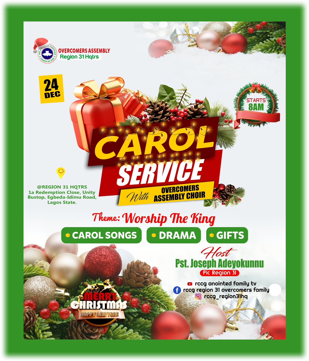 Embrace the echoes of joy, the harmony of blessings, notes of praise, and hymns of peace at @rccgregion31hq Church Carol Service. 

It’s a perfect balance of Christmas spirit.

This Sunday, Come, join us, and be part of the melody that warms the soul. 🎄🎵

#pkr
#christmascarols