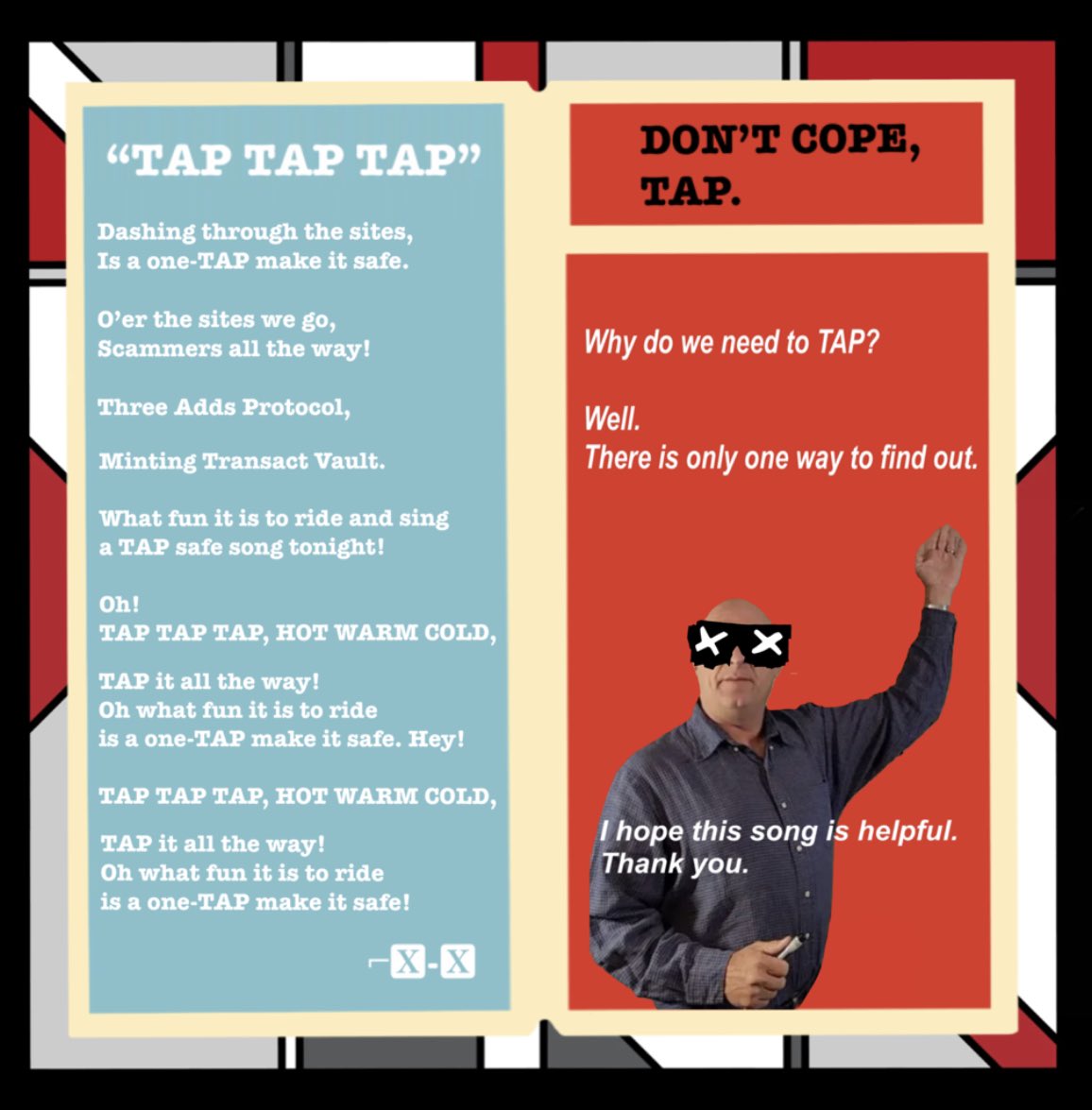 mememaxis's tweet photo. ☃️❄️
Sing TAP TAP TAP this Xmas 💖✌️

Music: Jingle Bells
Lyrics: TAP TAP TAP (see below)

@punk6529 @6529er @6529Collections @rogerskaer @jackbutcher @XCOPYART @giaglis @unicmetaverse https://t.co/Ap5iSji0xZ