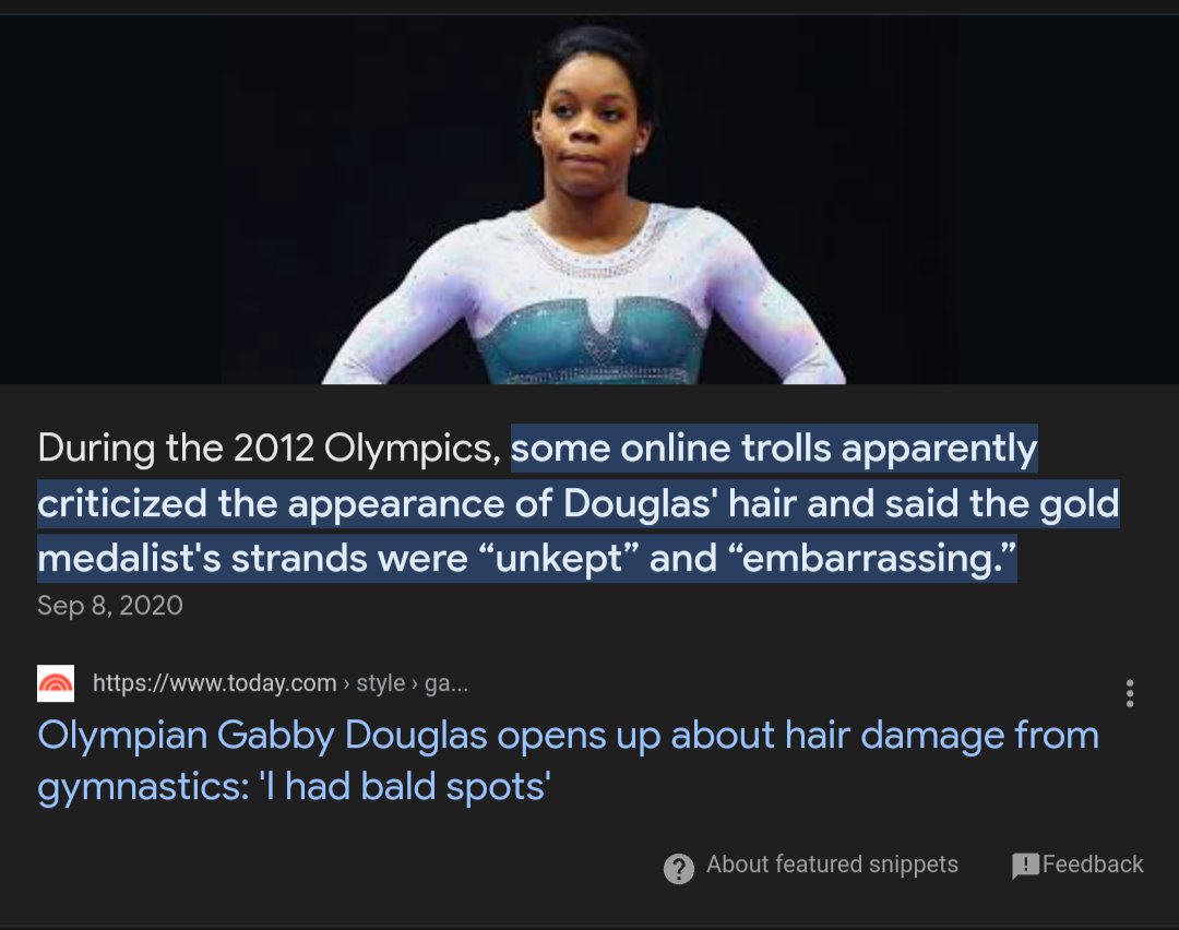 SpookByYourDoor's tweet image. Just for historical accuracy.

They focused on Simone Biles' hair on her wedding day (2023).

They dragged Gabbie Douglass' WHILE SHE WAS GETTING A GYMNASTICS GOLD MEDAL (2012).

And then they came for Blue Ivy's natural hair. (2014)

Carry on!