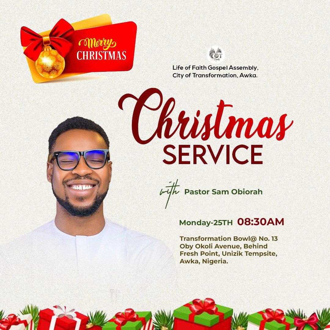 pstsamobiorah's tweet photo. Christmas is not about Santa or merriment alone but a time to celebrate the person of Jesus.  Without Him, every attempt to change the world only led to frustration.

Join us on 25th December at any of our expressions for an amazing Christmas service as we celebrate the birth of Christ.

You can also connect with us online using any of the following channels: 
YouTube: https://t.co/UPXqYF10MA
Facebook: https://t.co/gs79G5Qb2n

Merry Christmas in advance

#lfgacot #pstsam #christmas