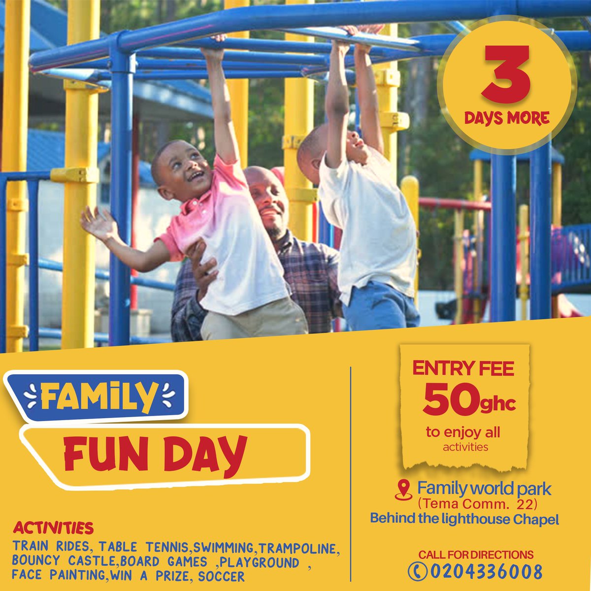 FamilyWorldPark's tweet photo. Are you hunting for the best place to relax with your kids coming December 26th🔥🔥🔥🔥.

#BhimConcert23 | Sheldon | Shatta Wale | SOLD OUT | #Stonebwoy #PrrrrFunGames #Youthconcert | Jahmiel | TD Jake’s | VVIP #Asakaa | #oouwhy Medikal Jamaica Jay bahad  Doc Yvonne #chrismas https://t.co/063xXfGq8y