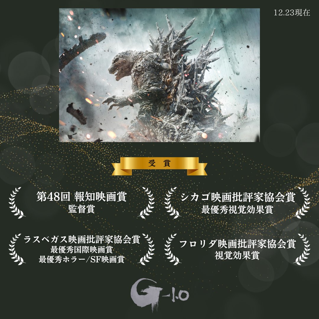 g_minus_zero's tweet photo. 『ゴジラ-1.0』映画賞情報

フロリダ映画批評家協会賞　視覚効果賞受賞！

その他映画賞ノミネートも続々！

今年を締めくくる1本に。
年末もぜひ劇場へ。

#大ヒット上映中
#ゴジラ
#ゴジラマイナスワン
#GodzillaMinusOne
#Godzilla https://t.co/ex5JFPCqGo